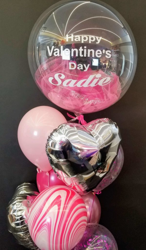 light pink rose pink hot pink mylar and latex personalized balloons bouquet