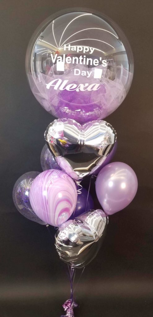 lavender and purple balloons bouquet with big heart and clear personalized bouquet