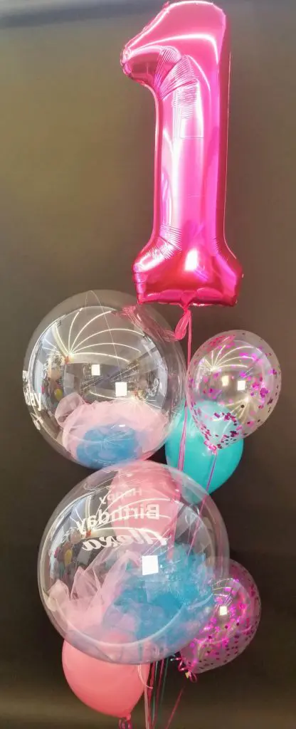 Pink, Magenta, Light Blue, and Azure balloons, with number balloons 1 in Magenta arranged in a column.