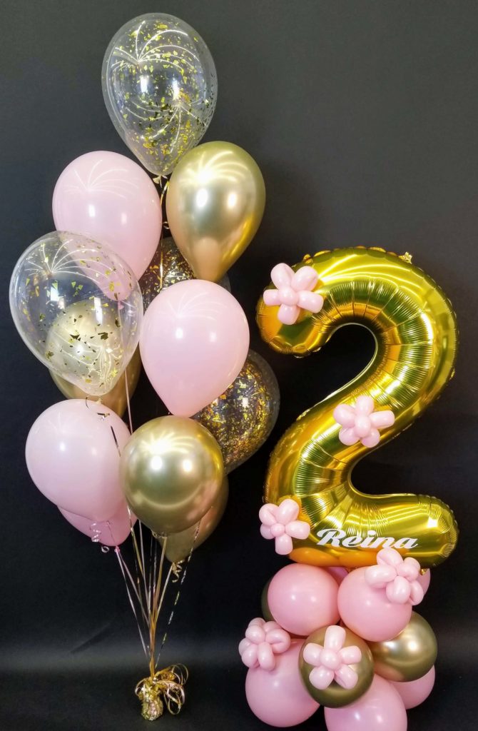 Balloons Lane Balloon delivery Staten Island in using colors Pink Gold and Chrome Gold balloons With Number Balloons 2 in Gold Arch for one year old birthday