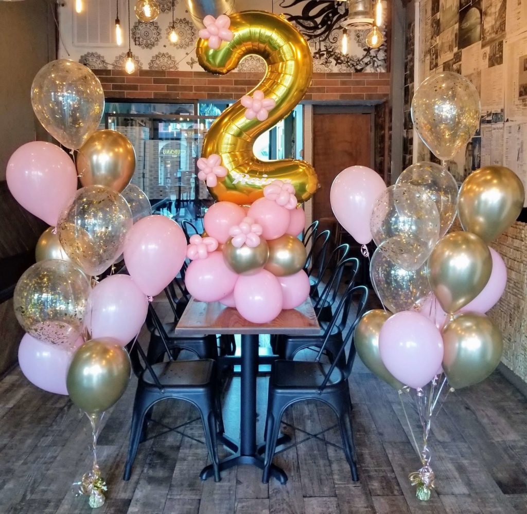 Balloons Lane Balloon delivery NJ in using colors Pink Chrome Silver and Gold Chrome balloons With Number Balloons 2 in Gold Balloons Centerpiece for first birthday