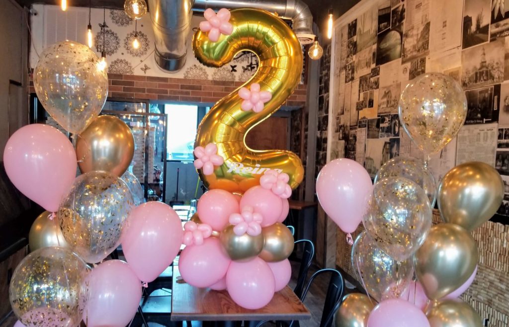 Balloons Lane Balloon delivery NYC in using colors Pink Silver and Gold balloons With Number Balloons 1 in Gold Bouquet for first birthday