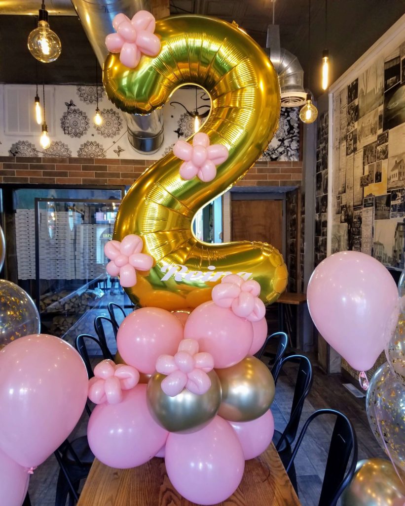 Balloons Lane Balloon delivery Staten Island in using colors Pink Chrome Silver and Gold Chrome balloons With Number Balloons 2 in Gold Balloons Bouquet for one year old birthday