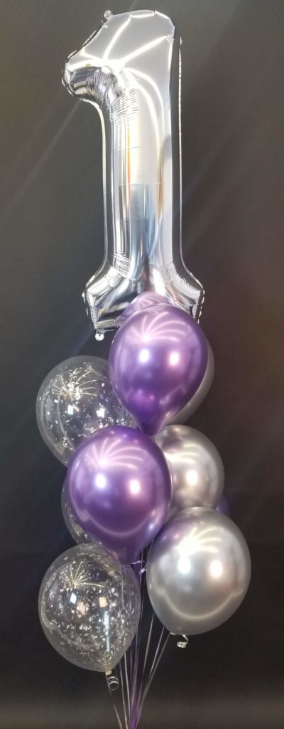 Balloons Lane Balloon delivery Brooklyn in using colors Chrome Silver and Chrome Purple Chrome balloons With Number Balloons 1 in Silver Balloons Column for 1st birthday