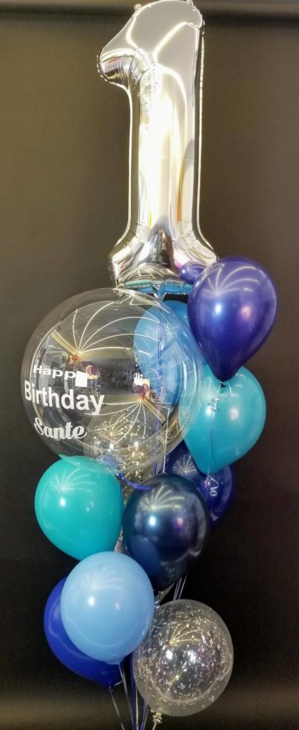 Balloons Lane Balloon delivery Manhattan in using colors Azure Light Blue Purple and Silver balloons With Number Balloons 1 in Silver Balloons Arch for first birthday