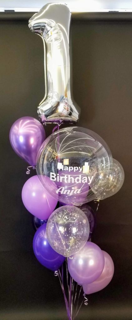 Balloons Lane Balloon delivery NYC in using colors Lavender Purple and Silver balloons With Number Balloons 1 in Silver Balloons Centerpiece for one year old birthday