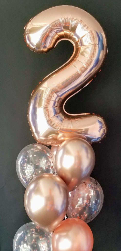 Balloons Lane Balloon delivery New York City in using colors Rose Gold and White balloons With Number Balloons 2 in Rose Gold Balloons Column for first birthday