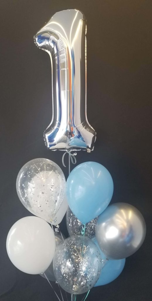 Balloons Lane Balloon delivery NJ in using colors Azure Silver White balloons With Number Balloons1 in Silver Balloons Arch for one year old birthday