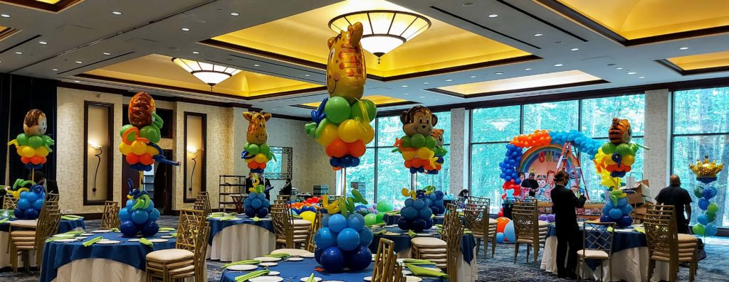 Balloons Lane Balloon delivery Staten Island in using colors Blue Purple Orange Yellow Green balloons Centerpiece for 1st birthday