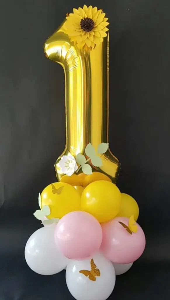 White Yellow Pink and Gold Balloons With Number 1 in Gold Balloons