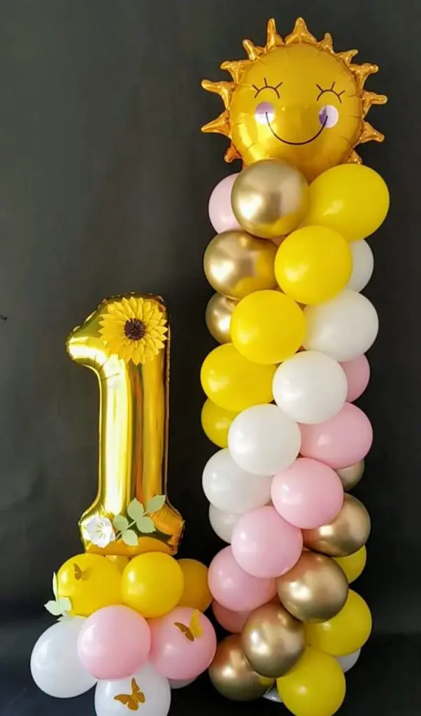 White Yellow Pink and Gold Balloons With Number 1 in Gold Balloons Arch