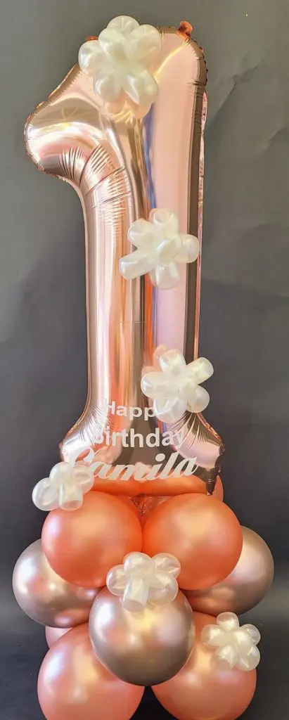 Rose Gold Silver and White Balloons with Number 1 in Rose Gold Centerpiece: