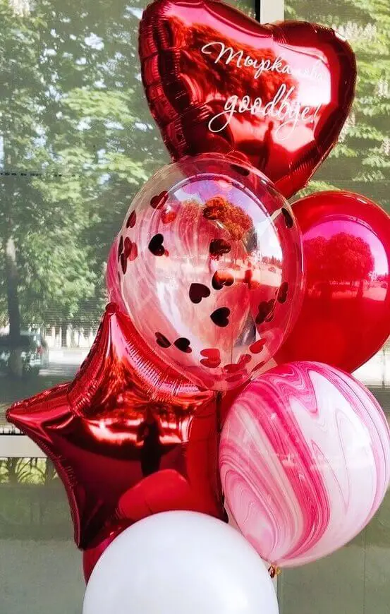 Red, pink, chrome red, black, heart confetti, pink marble latex, and mylar balloons for Valentine's Day decoration ideas in Staten Island.