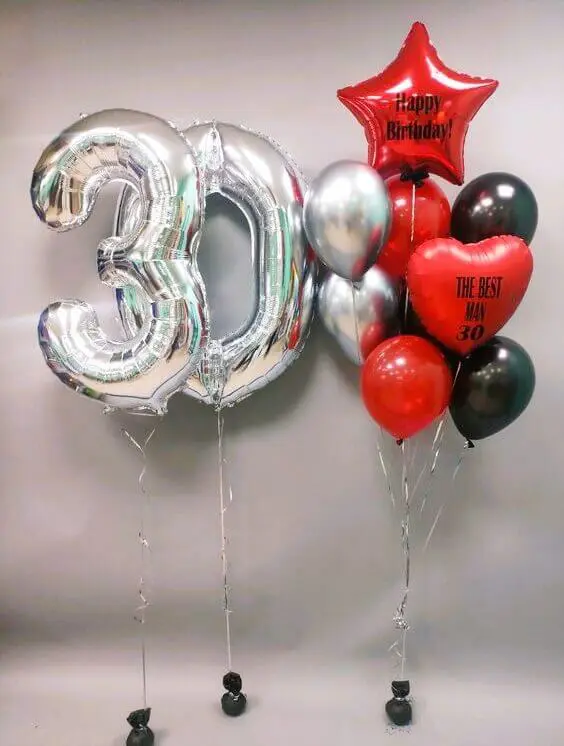Big 30-number birthday party balloons in red, silver, chrome silver, black, and chrome black for Valentine's Day gift balloons.