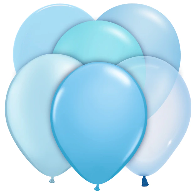 Assorted light blue and pastel blue latex balloons including pearl light blue, pearl azure, pale blue, Caribbean blue, robin's egg blue, pearl sky blue, baby blue, sea glass, pastel matte blue, crystal pastel blue, pearl blue, and neon blue.
