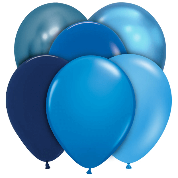 Assorted blue latex balloons including chrome blue, dark blue, sapphire blue, pearl sapphire blue, navy blue, pearl midnight blue, blue slate, blue, metallic blue, crystal sapphire blue, metallic midnight blue, fashion blue, reflex blue, fashion royal blue, fashion navy blue.