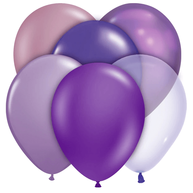 Assorted purple and lavender latex balloons including pearl lavender, spring lilac, chrome purple, purple violet, quartz purple pearl, quartz purple, TUFTEX lavender, and TUFTEX metallic.