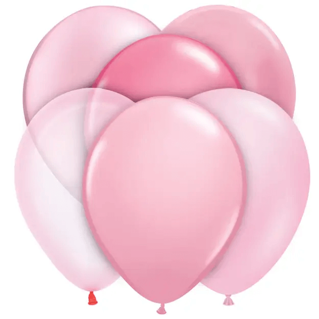 Double-stuffed pink and coral latex balloons arranged in a colorful display