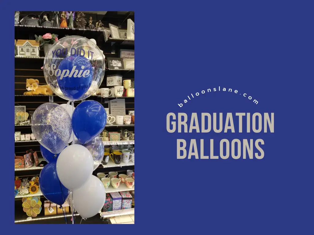 A customized graduation balloons in white, blue, and confetti