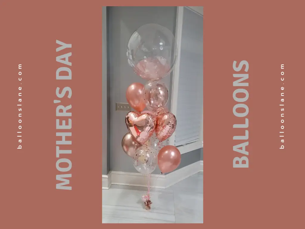 A clear Mothers Day Balloons filled with confetti and a heart-shaped peach pink balloon.