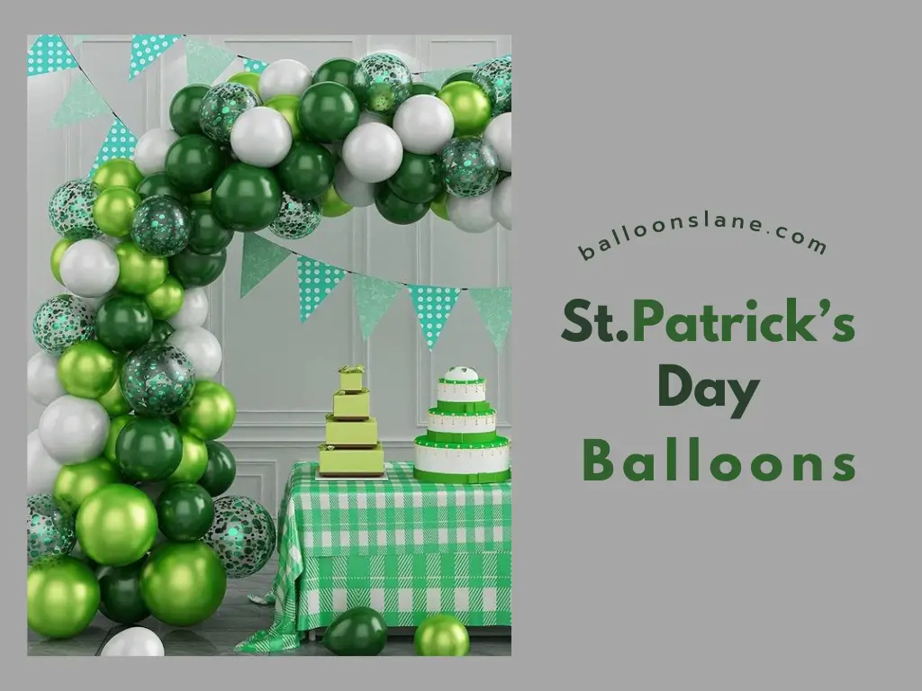 A St. Patrick's Day balloon in light green, dark green, silver, and with confetti.