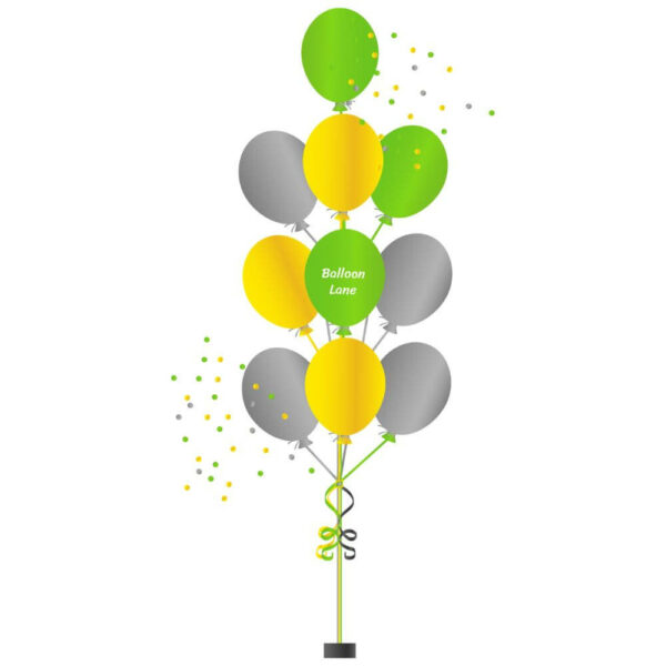 A balloon tree made of yellow, green, and grey balloons.Perfect for birthdays, weddings, or any other special occasion, these balloons are sure to impress your guests and create a festive atmosphere.