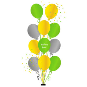 11 Balloons Centerpiece ( Bouquets) Balloons Lane Balloon delivery NJ in use colors Yellow Green and Grey balloon Centerpiece balloons for one-year-old birthday Balloons ​Centerpiece For one-year-old birthday Balloons