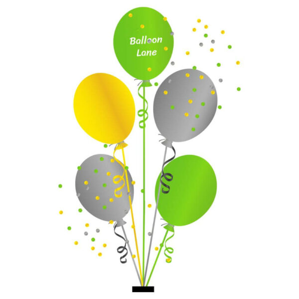 5 Balloons Centerpiece ( Bouquets) Balloons Lane Balloon delivery New York City in use colors Yellow Green and Grey balloon Centerpiece balloons for Anniversary Balloons ​Centerpiece For Anniversary Balloons