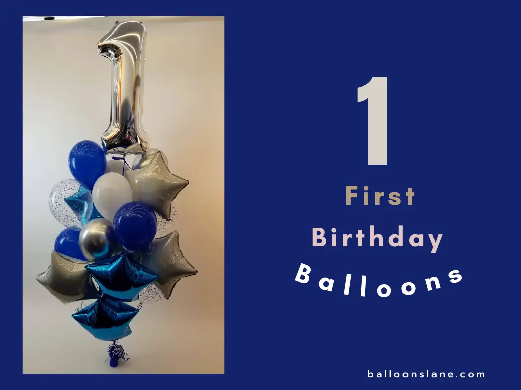 Blue and clear confetti balloons, silver letter balloon, and silver and blue heart-shaped balloons for a first birthday party.