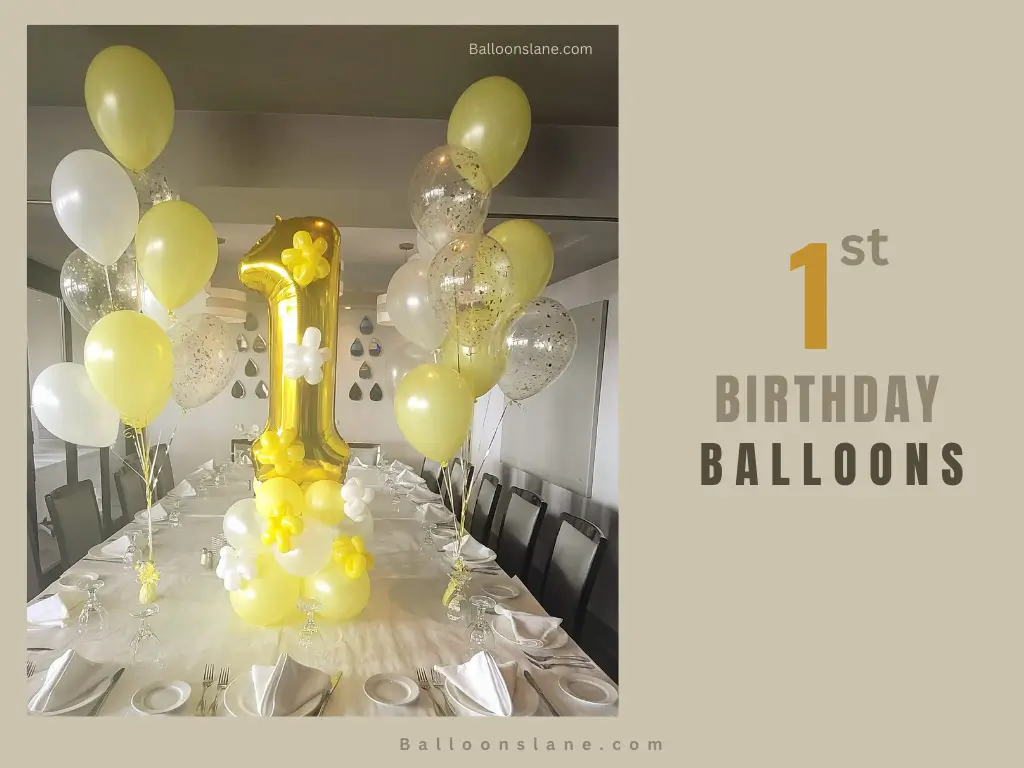 1st-Birthday-Balloons Lane Balloon delivery Staten Island in use colors Yellow White Gold Arch for the first birthday