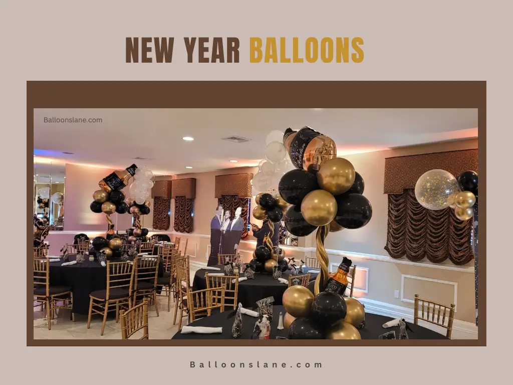 Happy New Year balloons in silver, black, and gold with Balloon delivery in Brooklyn.