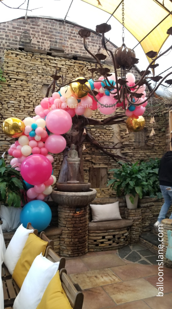 Balloon delivery in Manhattan uses the colors Green purple pink yellow dark blue orange and light purple Arch balloon decorations for the easter party decorations function.