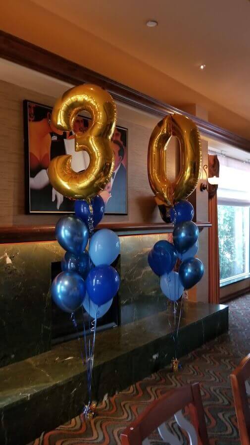 golden number 3 and 0 with blue balloon bouquet for Your Special Event.