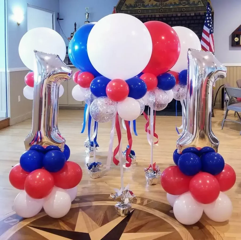 Big 1-Number Balloons with White, Red, Dark Blue, Silver Blue, and Diamond Clear Balloons in Unique Styles