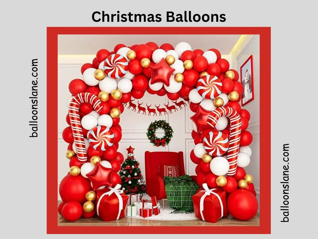A festive arrangement of red, white, gold, and green chrome balloons for a Christmas party balloon delivery in Manhattan.