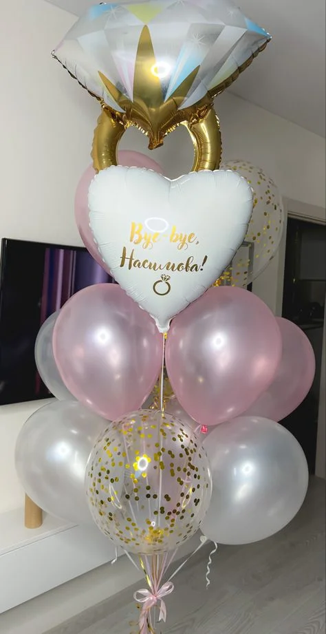 Engagement Balloon Bouquet Featuring Pink Latex Balloons, Customized Rings, Pink and White Latex Balloons, Along with White Heart-Shaped Balloons in New York