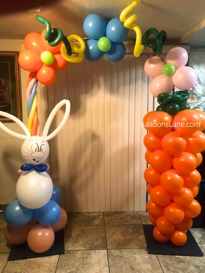 Easter balloon decorations featuring personalized bunny balloons, latex balloons, Mylar balloons in blue, orange flowers, pink, and blue balloons arranged as backdrops, garlands, and columns in Brooklyn.
