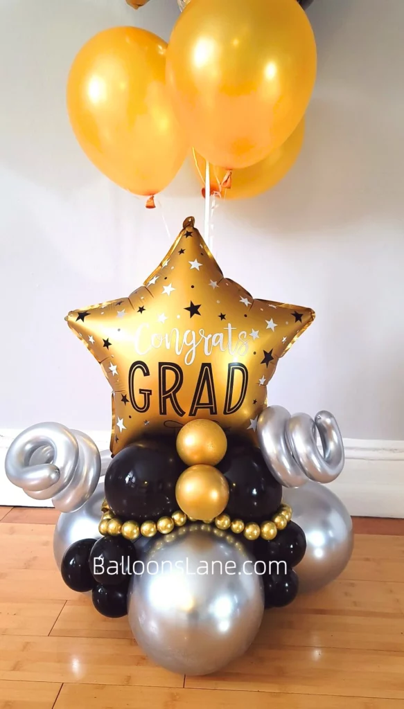 Elegant Balloon Bouquet Featuring Textured Grey, Rose Gold Chrome, Silver, and Gold Gradient Foil Balloons with Twisted Balloons in NJ