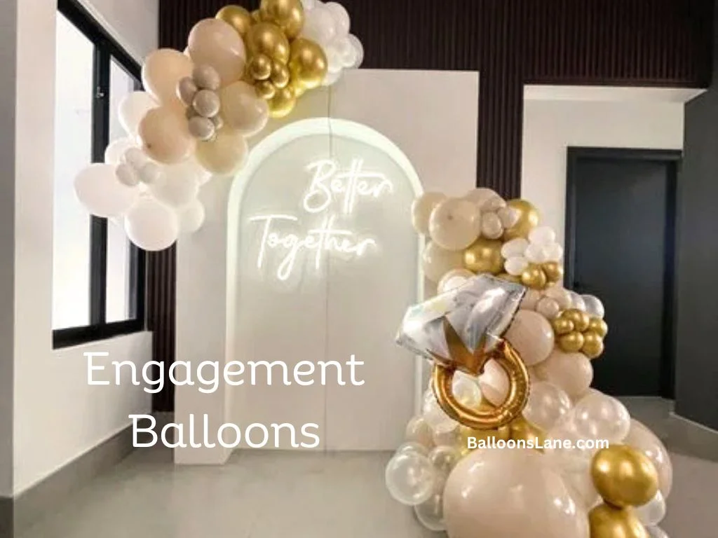 Engagement balloons by Balloons Lane featuring silver and gold foil balloons alongside pink, white, and gold latex balloons in Brooklyn