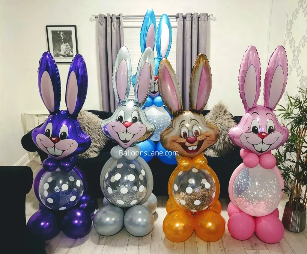 A bunny balloon column in purple, green, blue, and pink, accompanied by customized bunny face dotted balloons and twisted balloons, set in New York City.