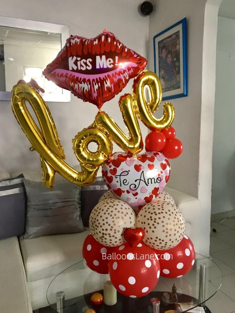 Personalized "Kiss Me" balloon surrounded by a Love Letter balloon, red and white dotted balloons, and a heart-shaped red balloon.
