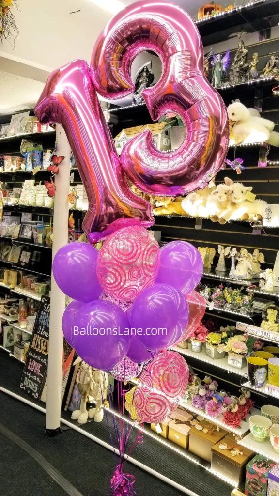 13th Birthday Party Balloons in Purple, Chrome, and Pink