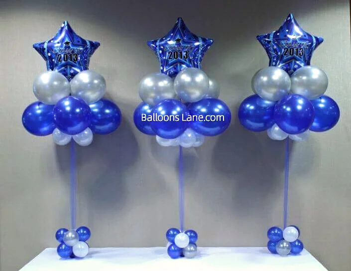Blue Star Customized Foil Balloon for Graduation with Chrome Blue and White Balloon Bouquet in NJ
