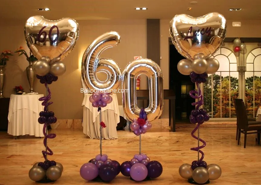 "Sixty" Number Balloon with Lavender Latex, Twisted Balloon Silver Balloon, Silver Heart-Shaped Balloon