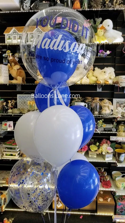 "You Did It" Personalized Bubble Balloon Bouquet with Blue, White, and Silver Confetti Latex Balloons in NJ