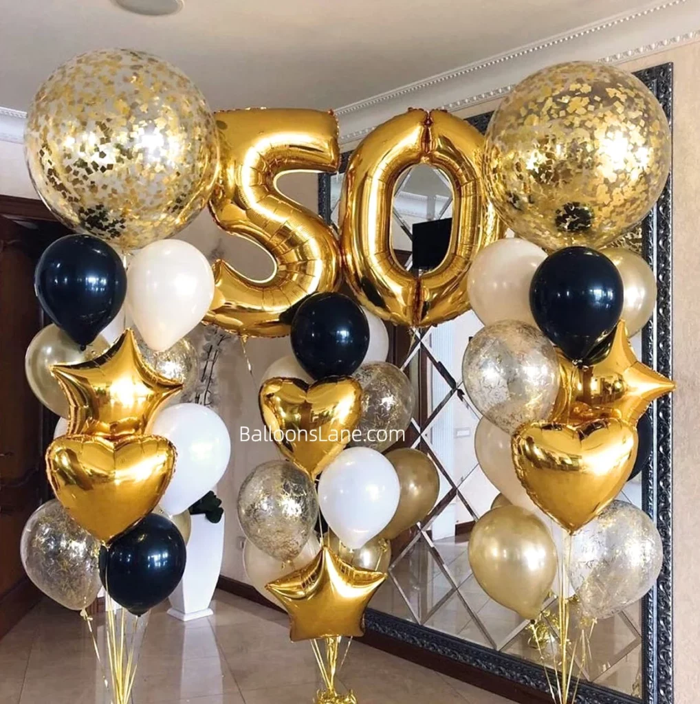 Gold 50 Number Balloons with white and black confetti gold heart balloon bouquet to celebrate 50th birthday in NJ