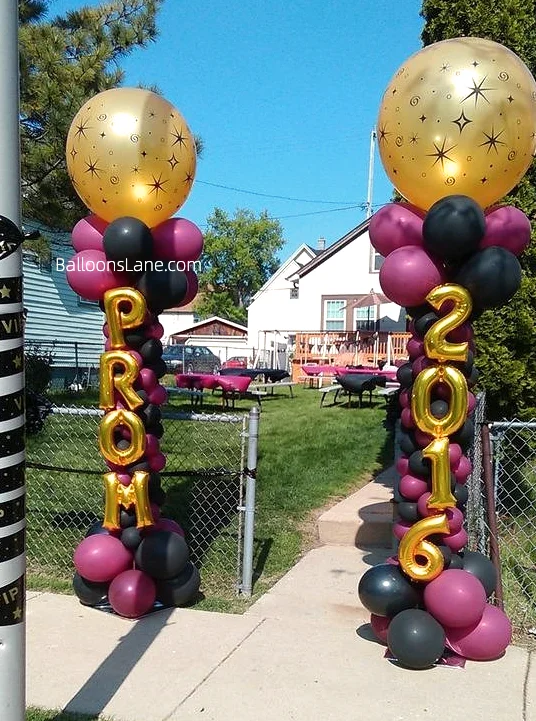 Elegant gold printed balloon ensemble featuring Pearl Burgundy, Pearl Onyx Black, and gold number and letter balloons, perfect for graduation, sports day, and opening day celebrations.