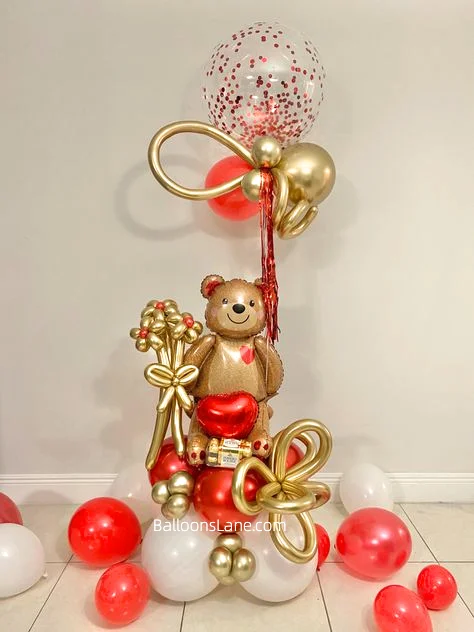 Celebrate Valentine's Day in NJ with Red Confetti Balloons, Gold Twisted Balloons, and Heart Balloons Arranged in a Cluster