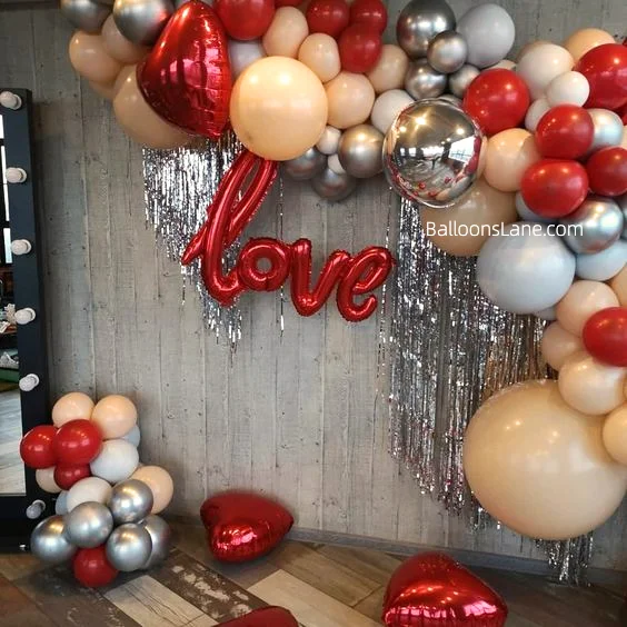 Love Letter Balloons and Heart Shaped Balloons with Silver and Peach Balloons to Celebrate Valentine's Day in Manhattan