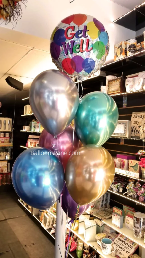 Get Well" Printed Balloon with Chrome Blue, Green, Silver, and Pink Balloon Bouquet in Staten Island